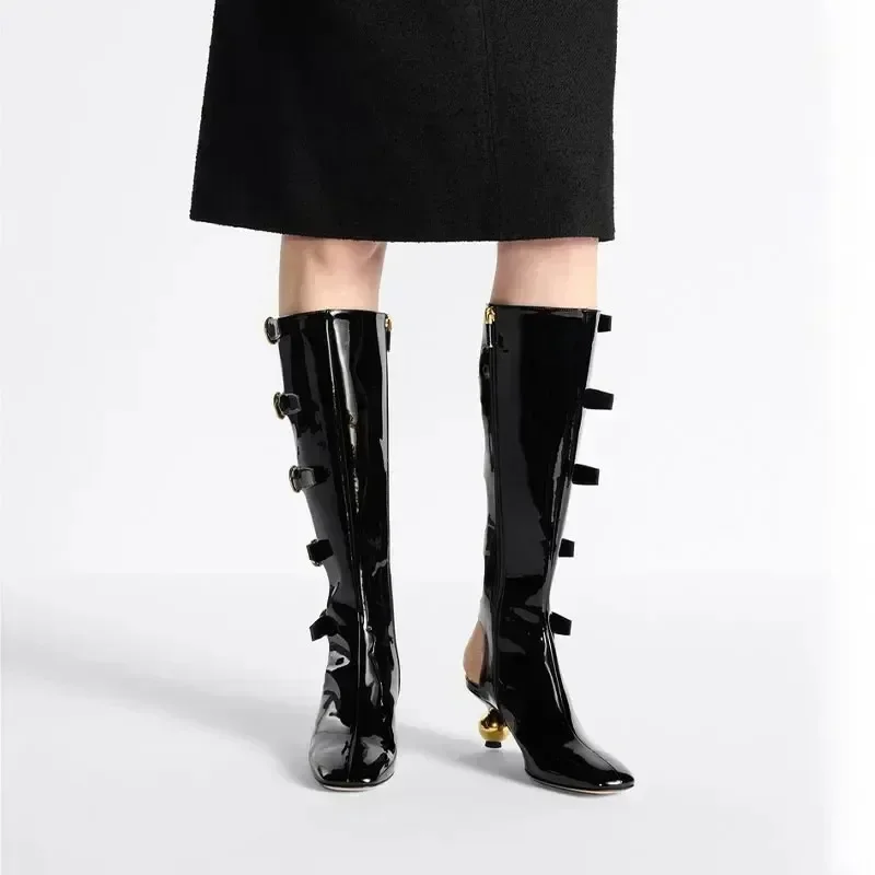 European and American High-quality Patent Leather Back Hollow Short Boots for Women, Black Belt Buckle Banquet Long Boots