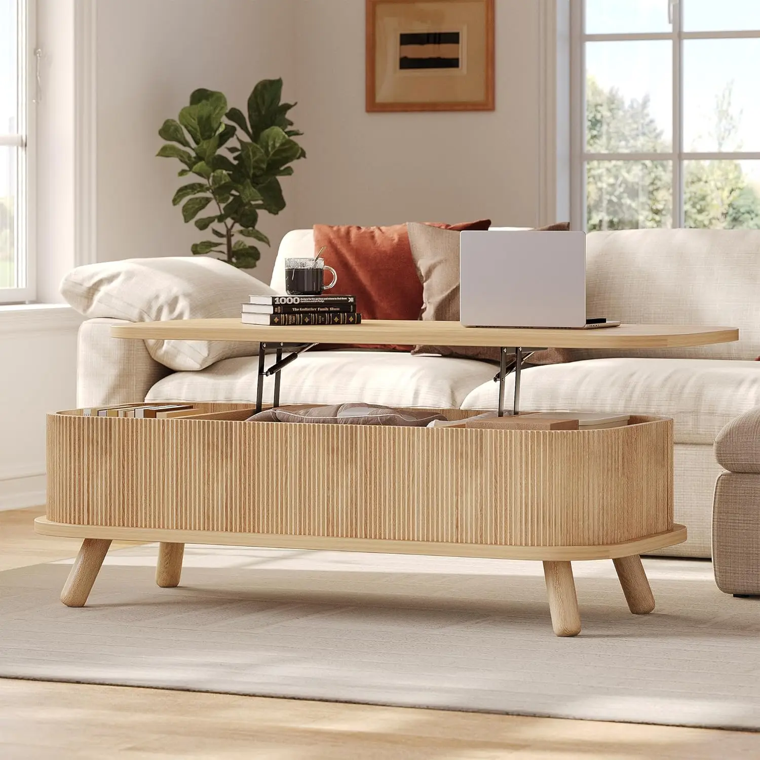 

47" Fluted Lift Top Coffee Table Storage Modern Oval Wood Living Room Home Office Rounded Hidden Compartment Natural, Customized