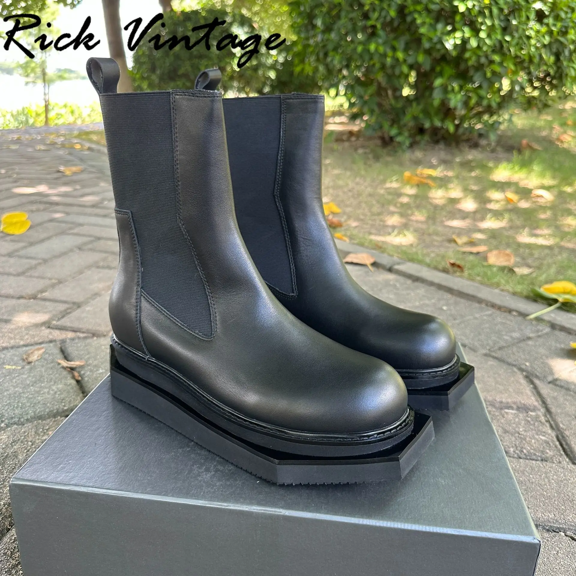 Rick Vintage Luxury Design Men Chelsea Boots Men Shoes Thick Sole Real Leather Ankle Boots Casual Knight Shoes Motorcycle Boots