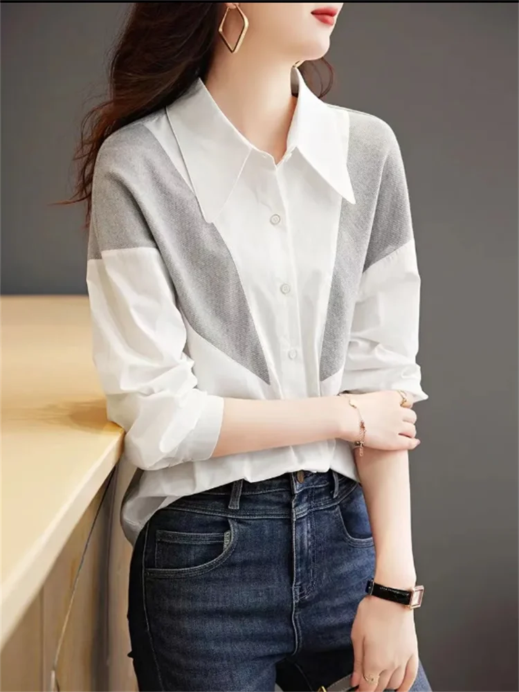 Fashion Blouses Women Shirt Patchwork Top Cardigan Woman Clothes Shirts Pointed Collar Button Up Shirt Loose Casual Female Shirt