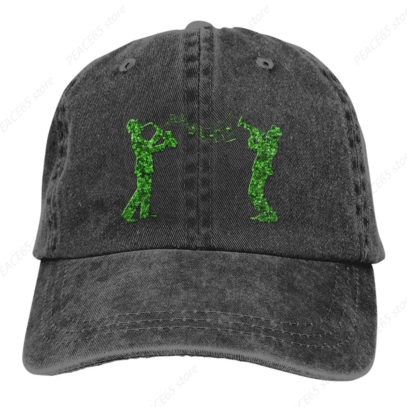 

Trumpeters Glitter Green Clovers Baseball Cap Denim Hat Adjustable Classic Low Profile Cotton Hat Men Women