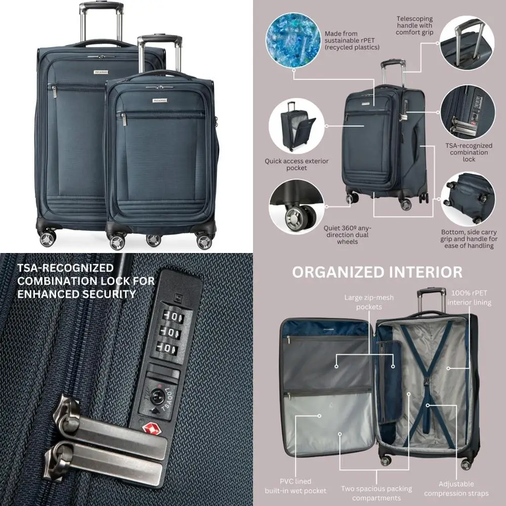 Eco-Friendly Lightweight 2-Piece Luggage Set Sustainable Recycled PET Material, Softside Travel Suitcase Set