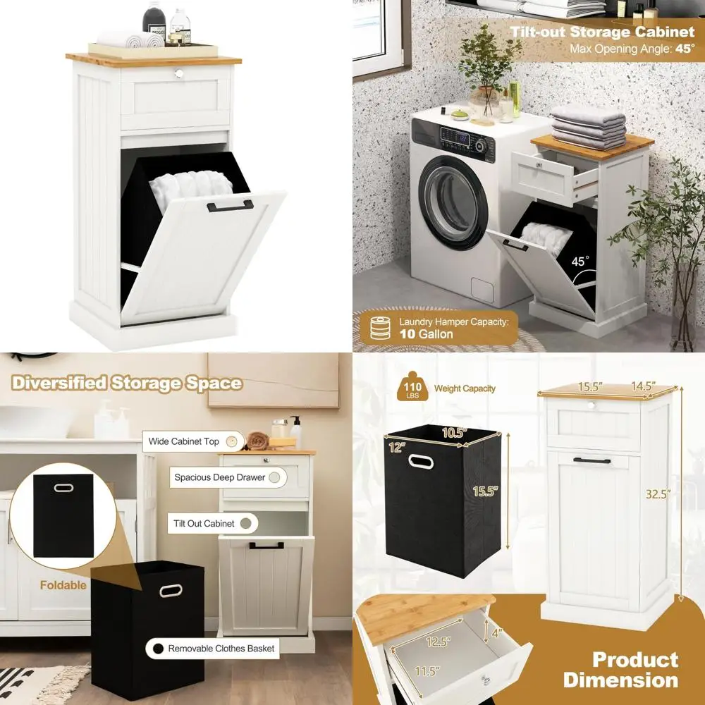 Laundry Hamper Cabinet with Drawer, Bathroom Storage, Bamboo Countertop, Removable Basket, 10 Gallon Capacity, Space-saving Orga