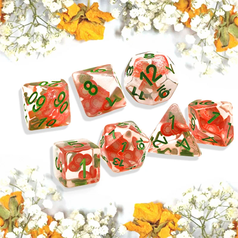 7 Pieces Game Dices Resin Polyhedral Fruit Themed Dices for Party Bar KTV Card Game Role Playing Game Digital Accessories