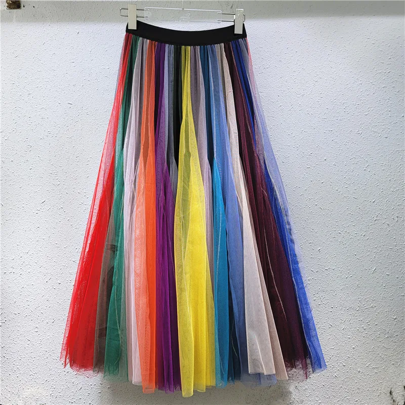 Chic Gradient Rainbow Color Mesh Splicing Super Beautiful Seven Color Gauze Multi-Layers Big Swing Pleated Skirt Elastic Waist