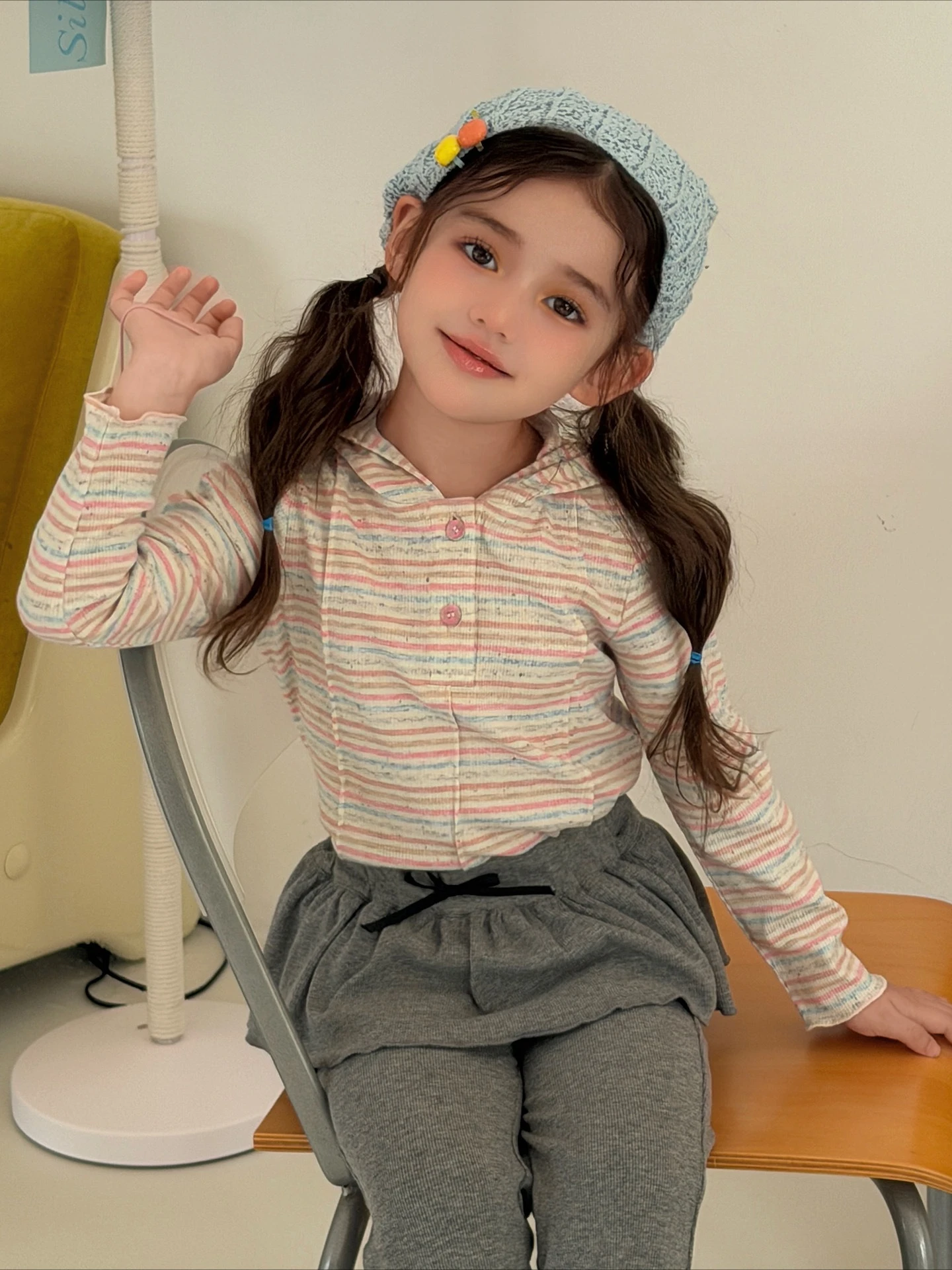 2026 Fall New Girls Hooded Unique Striped Nice Beautiful Soft Kids Like Trendy Top Kids Trendy T Shirt