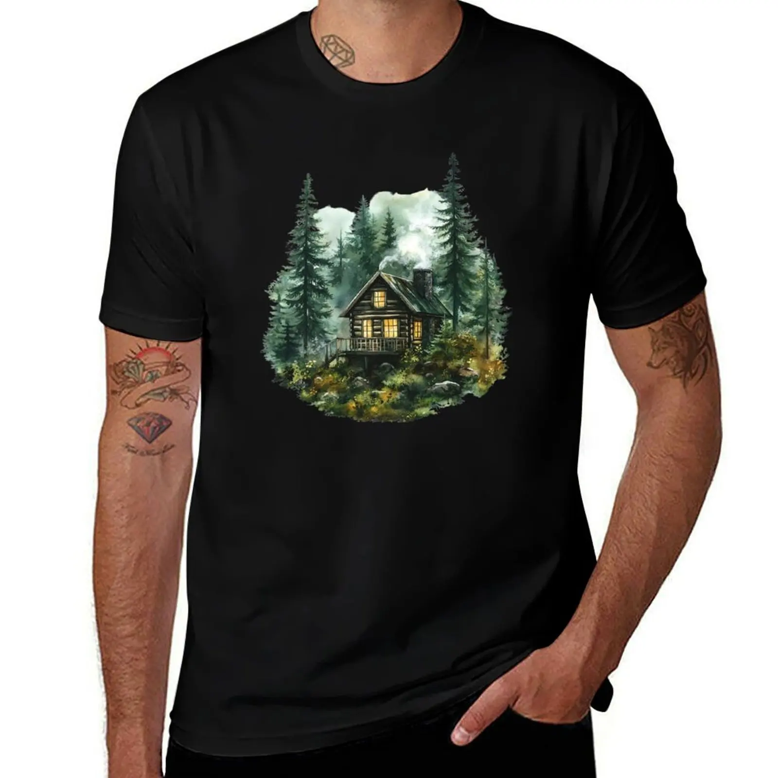 

Misty Forest Cabin Sticker T-Shirt Anime t-shirt man t shirt animal prinfor boys kawaii clothes t shirts for men graphic