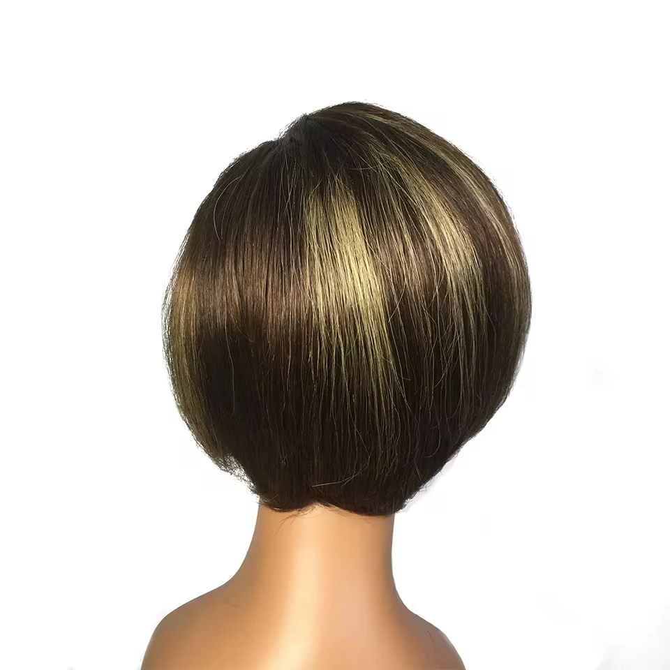 Curto Liso Pixie Cut Bob Perucas, Destaque Ombre, Marrom, Cabelo Humano, Lace Frontal, Full Lace, 13x4, #4/27