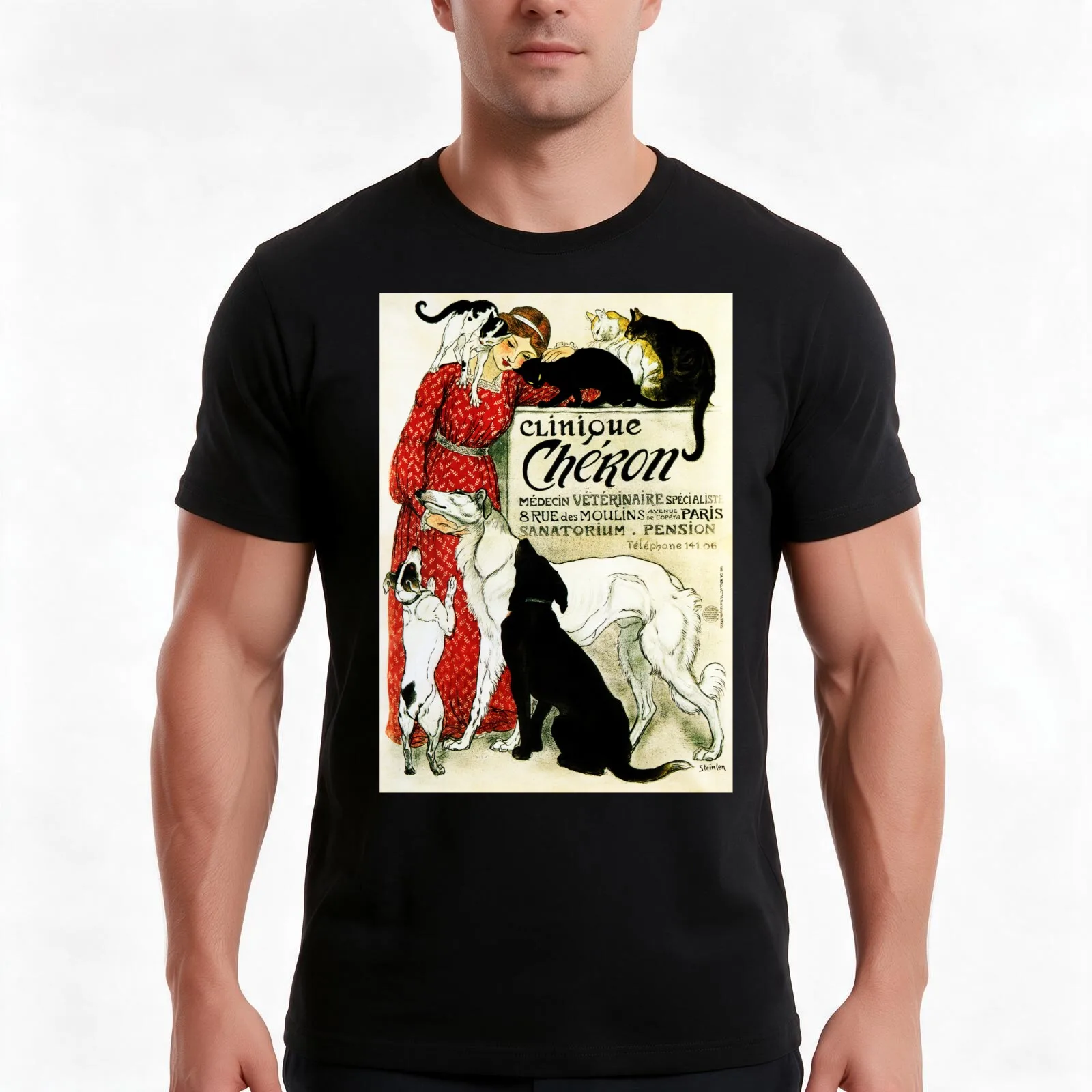 CLINIQUE CHERON Animal Clinic by Theophile Steinlen c1905 Vintage Advertising Art T-Shirt Summer Casual Cotton Tee 100% Cotton