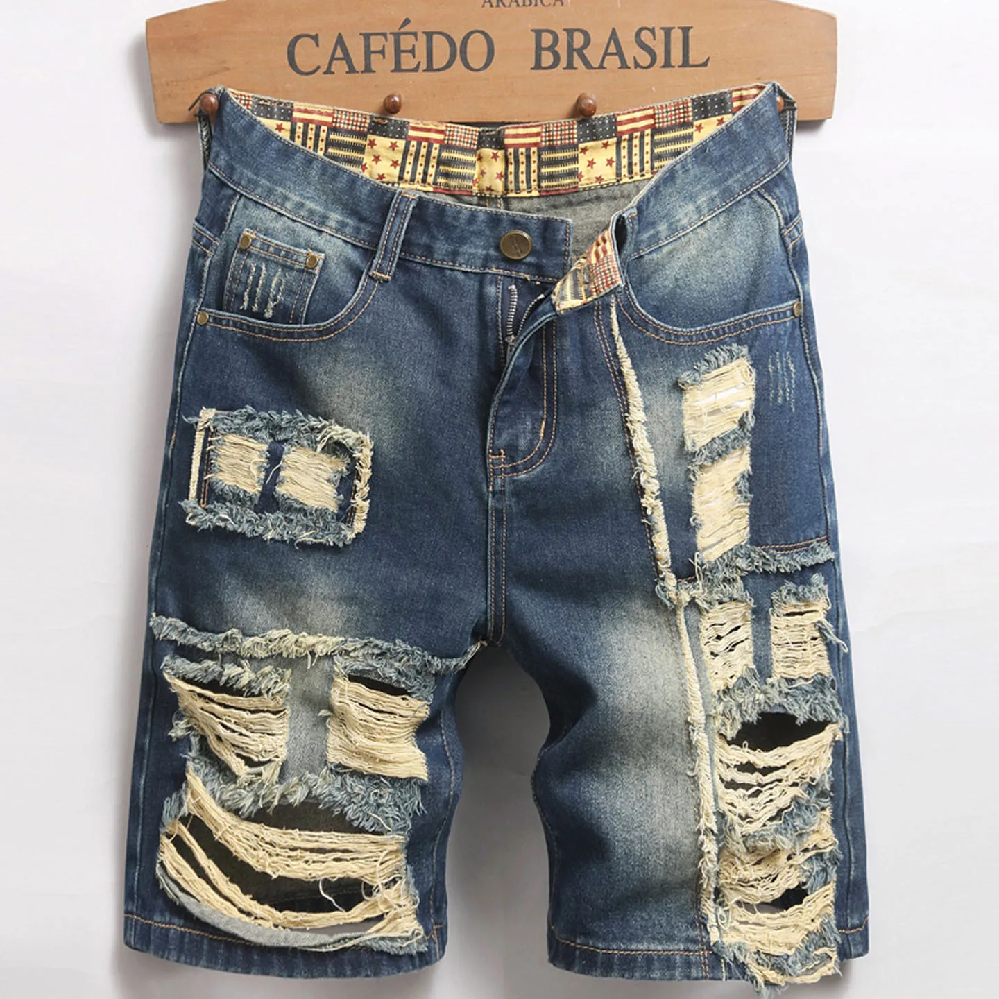 

Men's Casual Spring/Summer Denim Shorts - Distressed Denim Shorts with Frayed Edges and Patchwork Details, Fashionable Street-St