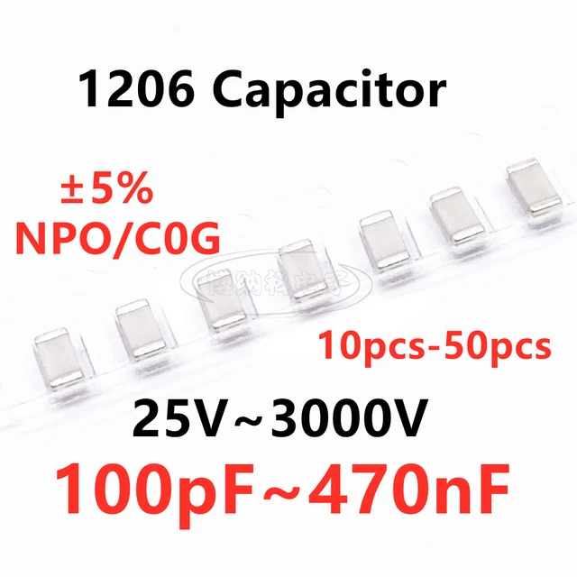 1206 kondensator SMD 100/220/330/470/680/820PF 1/2.2/4.7/6.8/10/15/22/27/33/39/47/51/56/68/82/100/120/150/220/330/470NF NPO C0G 5%