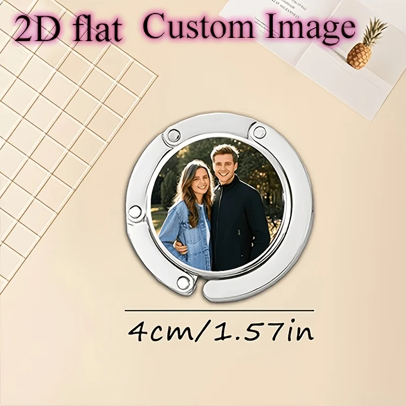 Customized 2D Flat 1pc 2D Flat Handbag Desktop Hook Self-Defined Pattern Silvery Round Personalized Souvenir Gift for Loved Ones