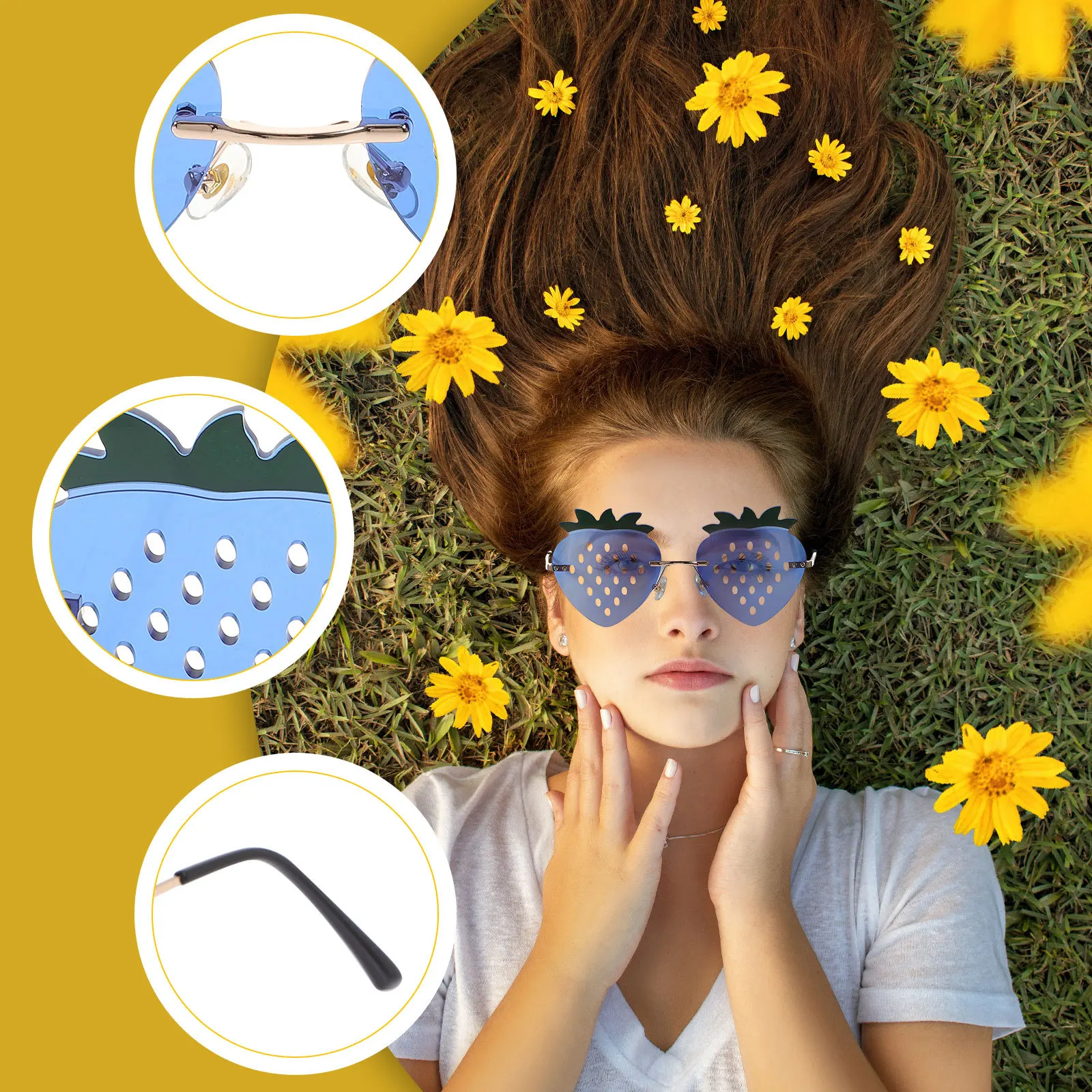 

1Pair Rimless Sunglasses Strawberry Design Funky Frameless Glasses Trendy Summer Travel Party Sunglasses for Women Teens