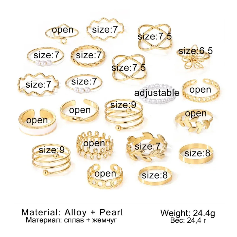 21 Piece Fashionable Butterfly Love Simple Pearl Women's Adjustable Ring Set with Adjustable Opening