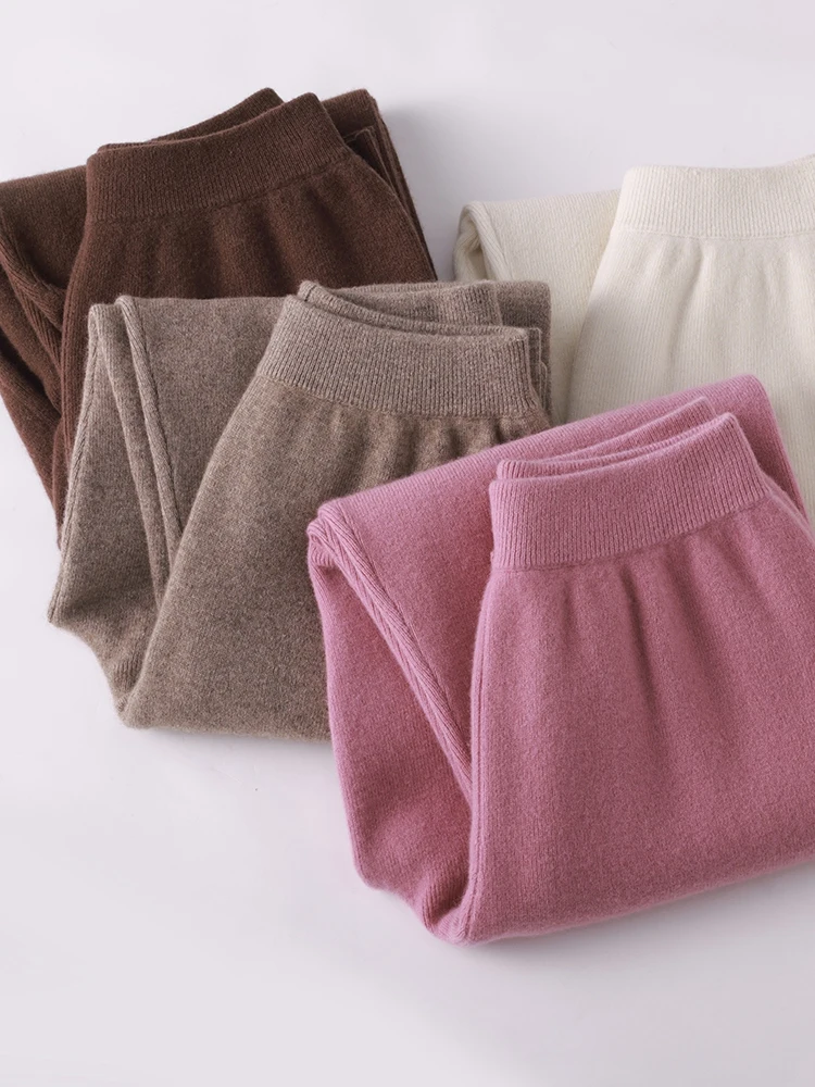 Addonee-Calças de lápis de caxemira feminina, estilo simples, macia, quente, confortável, 100% lã merino, outono, inverno