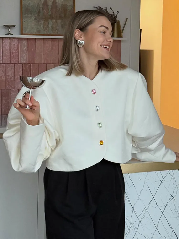 

2026 Spring New Single Breasted O Neck Women Shirt Fashion Female Puff Sleeve Loose Female Blouses Elegant Lady Top Streetwear