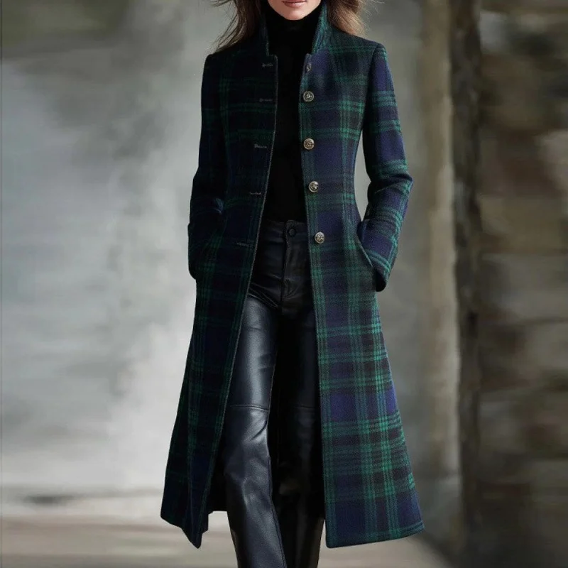 Button Front Coat Plaid Extended Length Urban with Relaxed Fit Seaming Construction Long Sleeve Regular Sleeve Women Coat