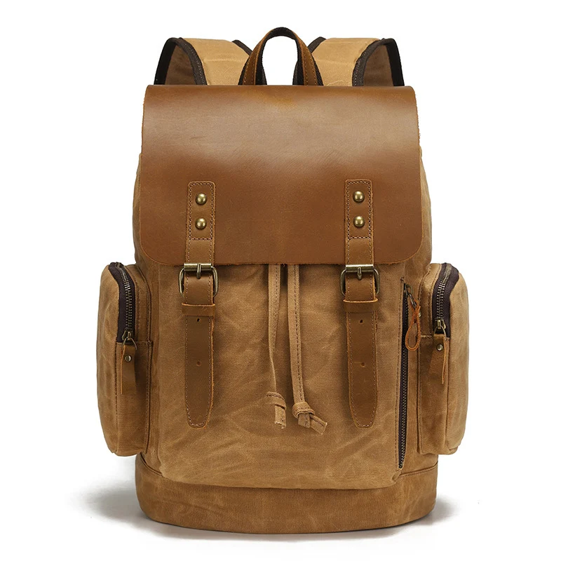 Canvas Drawstring Backpack for Men Flap Laptop Rucksack with Dual Side Zipper Storage Pockets Spacious Water Resistant Daypack