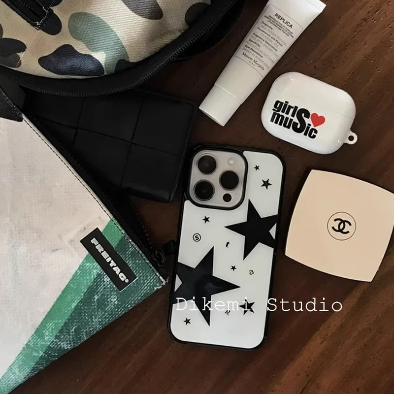 Ins Coreano Black Star Cool Fashion Giovane Ragazza Cassa Del Telefono Per iPhone 16 15 14 13 12 11 Pro MAX 14 15 16 PLUS Y2K Trasparente Della Copertura Morbida