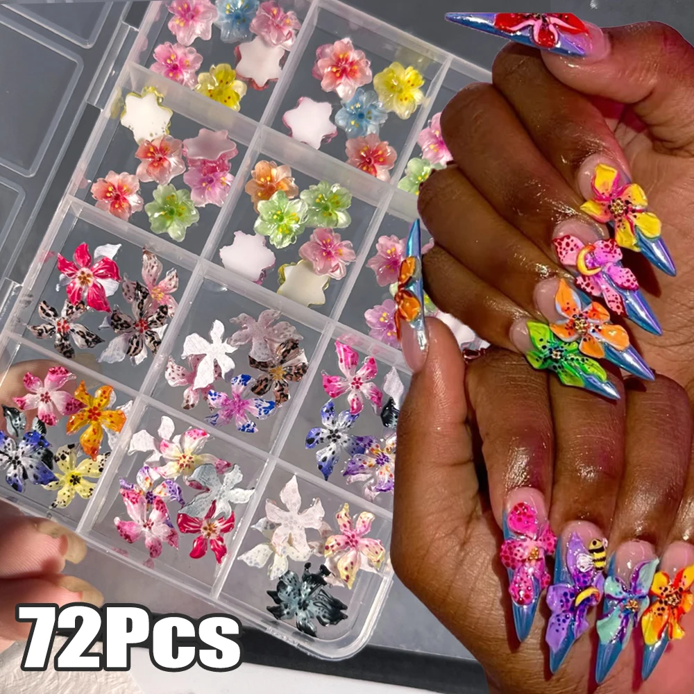 

72Pcs/Box 3D Sakura Lily Soft Spotted Flowers Nail Charms Ice Crystal Gradient Leopard Print Flower Nail Rhinestone DIY Manicure