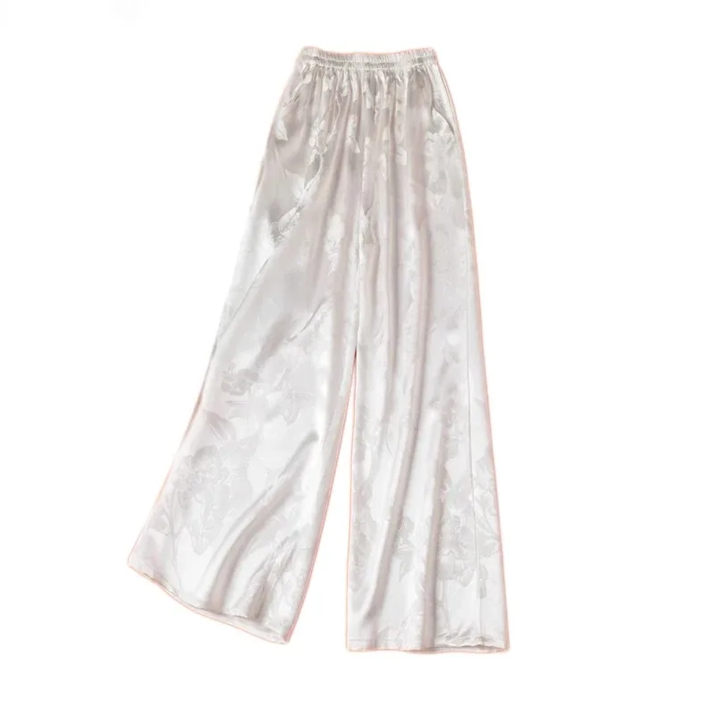 45MM Heavyweight 100% Natural Mulberry Silk Jacquard Satin White Versatile Pocket Design Elastic Waist Casual Wide Leg Pants