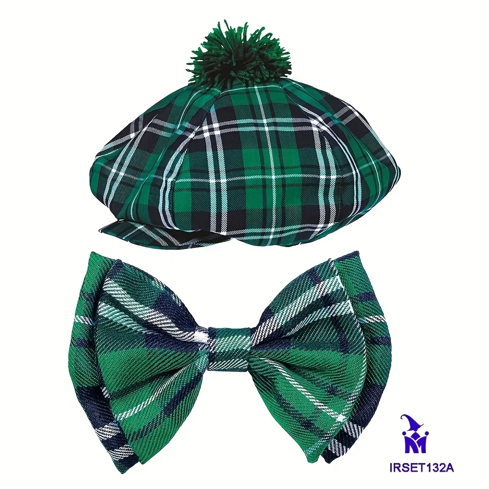 Conjunto de fantasia do Dia de São Patrício PESENAR: chapéu, gravata e acessórios xadrez verde, ideal para celebrações de feriados irlandeses