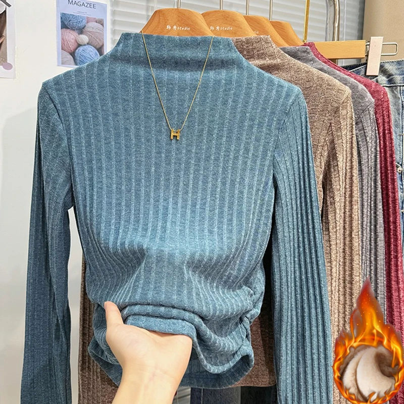 الكورية نمط بسيط قاعدة طبقة القمم الياقة المدورة صوف مبطن متماسكة طويلة الأكمام تي شيرت الخريف الشتاء بلون تنوعا تيز