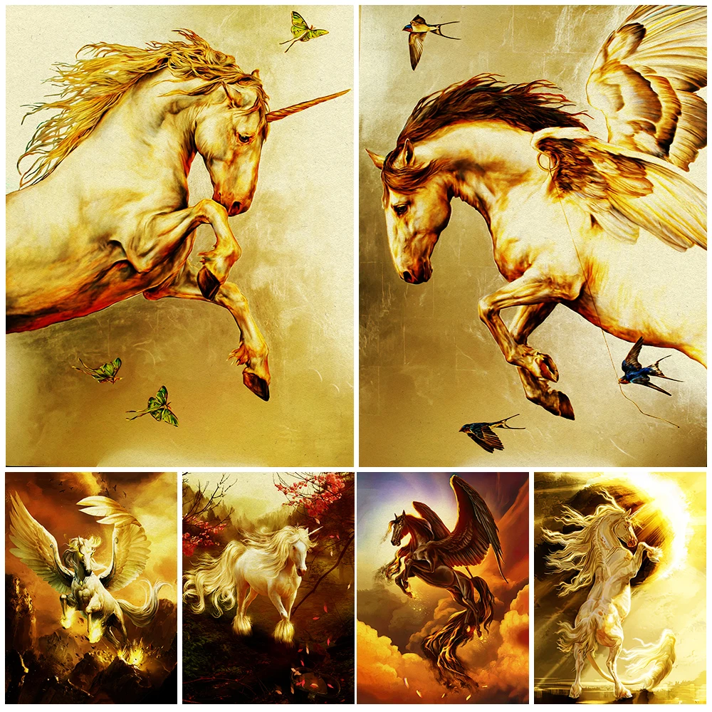 

Golden Unicorn And Pegasus Vintage Wall Art Canvas Painting Mysterious Creatures In Greek Mythology Art Poster And Print Decor