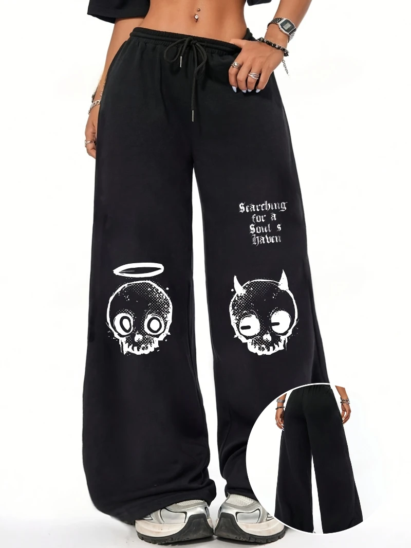 

Women's Trendy Black Joggers with White Skull & " Disorder" Print - Casual Hip-Hop Style Drawstring Straight-Leg Sweatpants