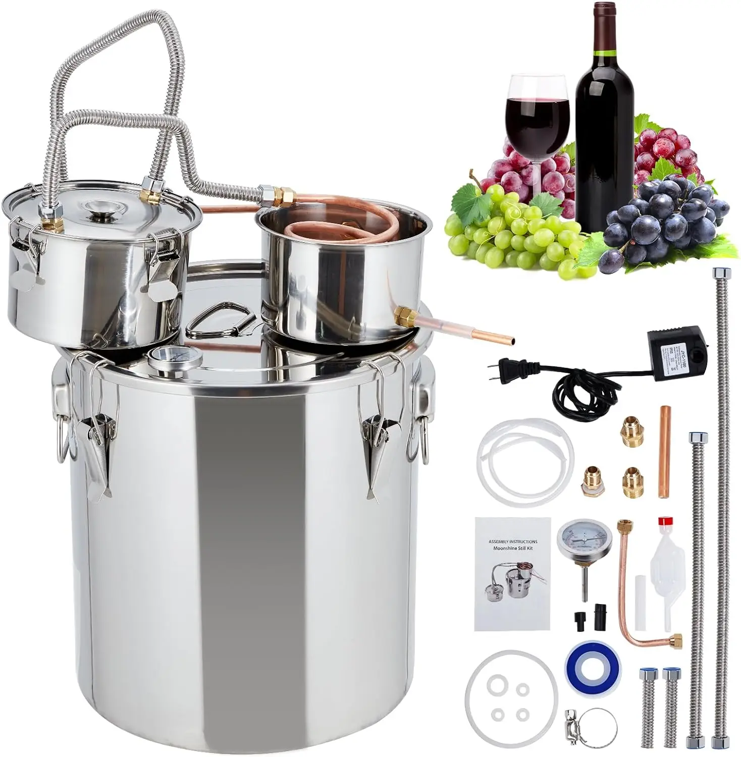 

Alcohol Still 10Gal 38L Stainless Steel Alcohol Distiller with Copper Tube, Water Pump and Build-in Thermometer for Home Brewing