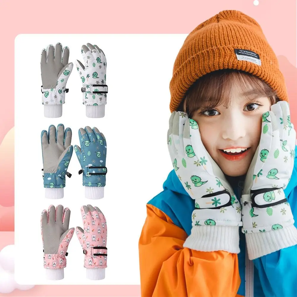 Cartoon Thickened Fleece Boys Girls Gloves Plush Windproof Skiing Snow Gloves Winter Warm Waterproof Cycling Gloves Student Kids