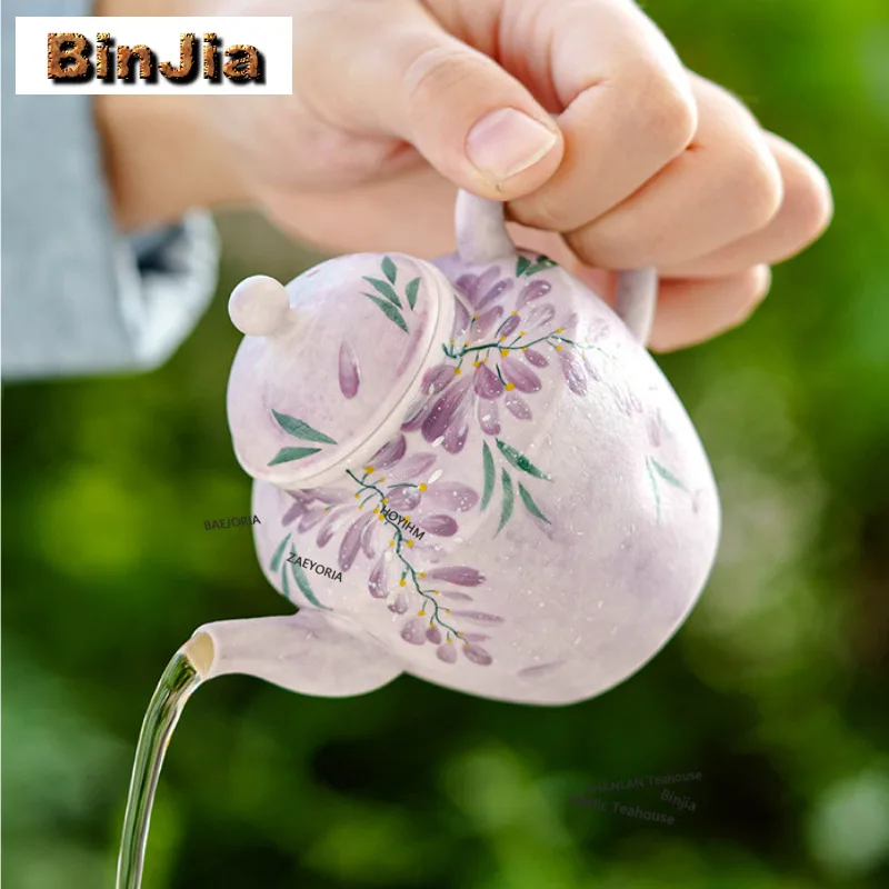 130ml Hand-painted Wisteria Teapot Elegant Tea Infuser Pot Tea Brewing Kettle With Ball Hole Drinkware Supplies Collection Craft