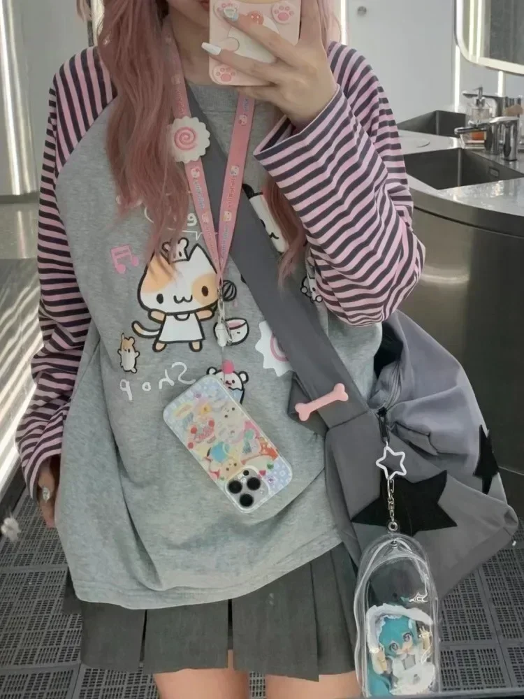Japan Kawaii Sweet Women T-Shirt O-Neck Stripe Patchwork Long Sleeve Cartoon Print Loose Pullover Casual Cute Top Youth Vitality