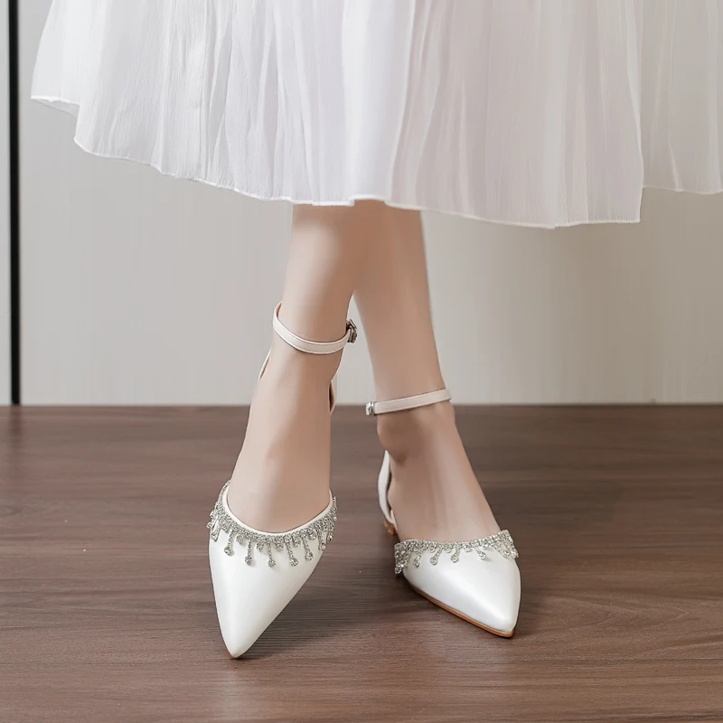 Summer Lady Banquet New Women\'s Shoes Back Strap Pointed Rhinestone Low-Front Cover Foot Flattie Casual Shallow Simple Sandals