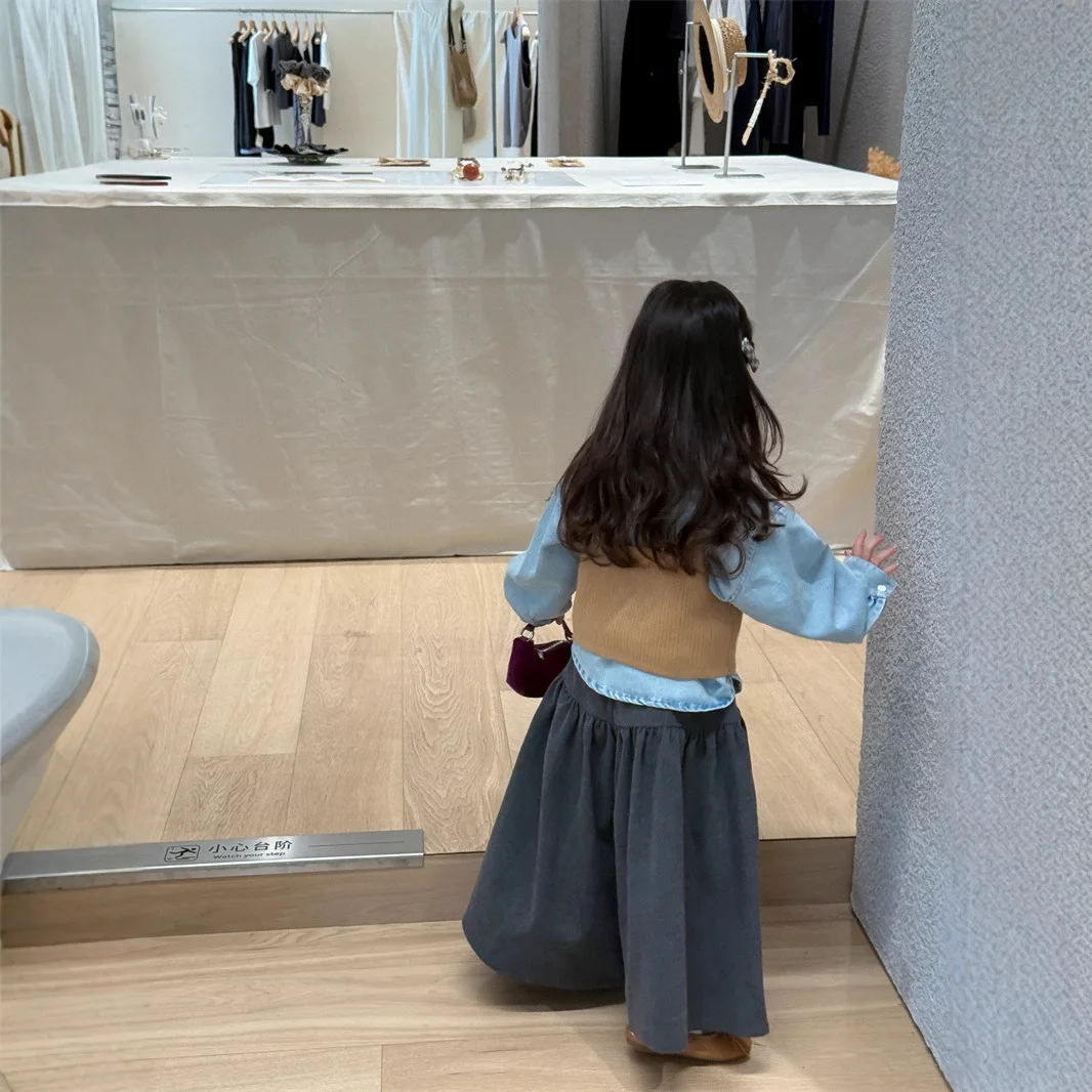 Girls Suit 2025 Autumn New Children's Clothing Korean Style Girls Baby Cowboy Shirt Sweater Halter Woolen Pants Three Sets