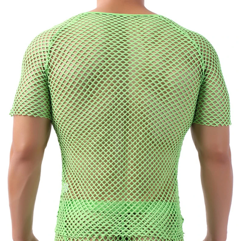 Fashion Mens Sexy Mesh See-Through Shirts Costume Fish Net t-Shirt Short Sleeve Nightclub Sheer Tops Shirt set