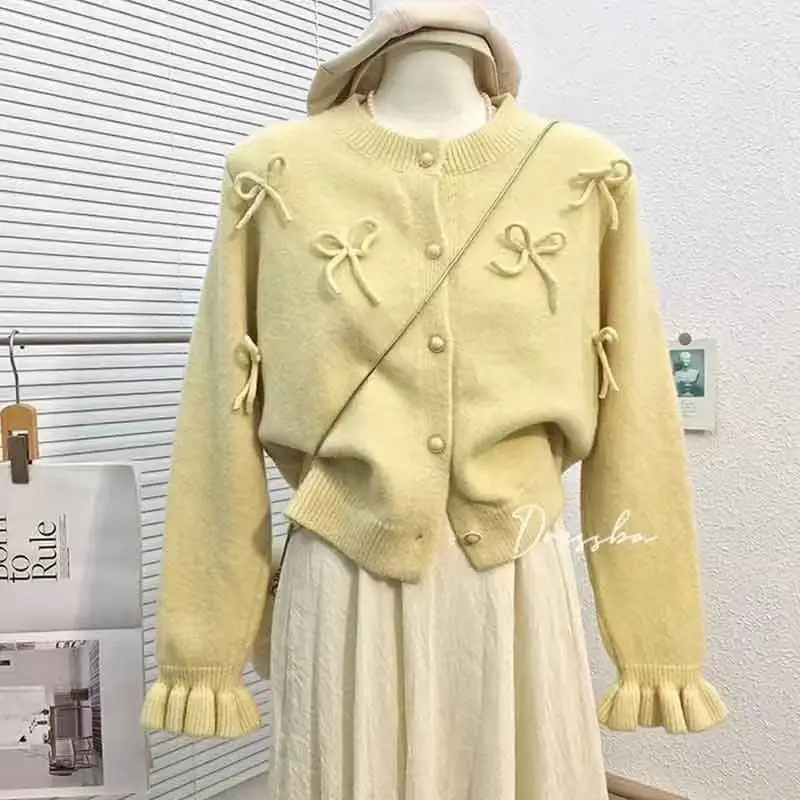 

Korean Women Flare Sleeve Cardigan Sweet Bow Pull Femme Chic Knitted Sweater Sueter Mujer Single Breasted 2025 Autumn Clothing