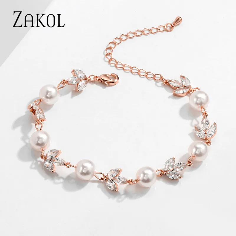 ZAKOL Korea Round Pearls Bracelets for Women Trendy Leaf Zirconia Wedding Engagement Party Jewelry