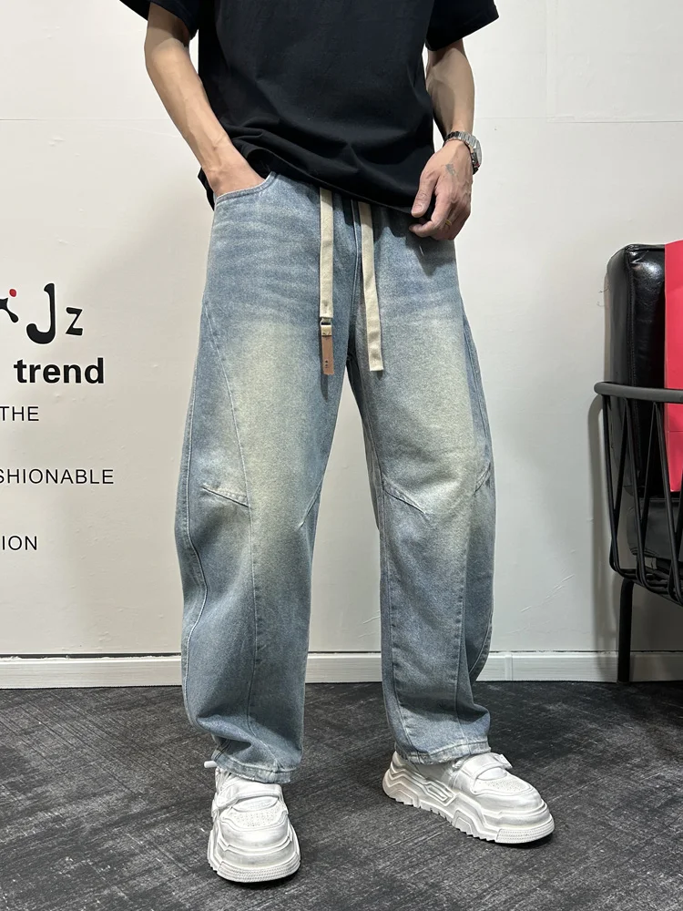 

Ретро американские джинсы с ножом, мужские весенне-летние прямые свободные утягивающие широкие брюки, износостойкие повседневные джинсы