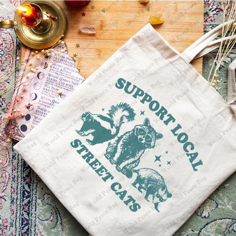 1pc Support Your Local Street Cats patternTote Bag Canvas Shoulder Bag For Travel Daily Commute Women\'s Reusable Shopping Bag