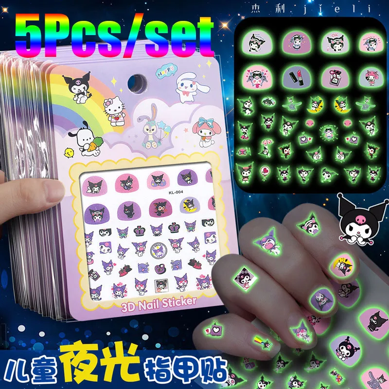 5Pcs/set 3D Miniso Luminous Melody/Kitty Nail Stickers 3D Glow-In-Dark Cartoon Kitty/Pochacco/StellaLou Decal DIY Xmas Girl Gift