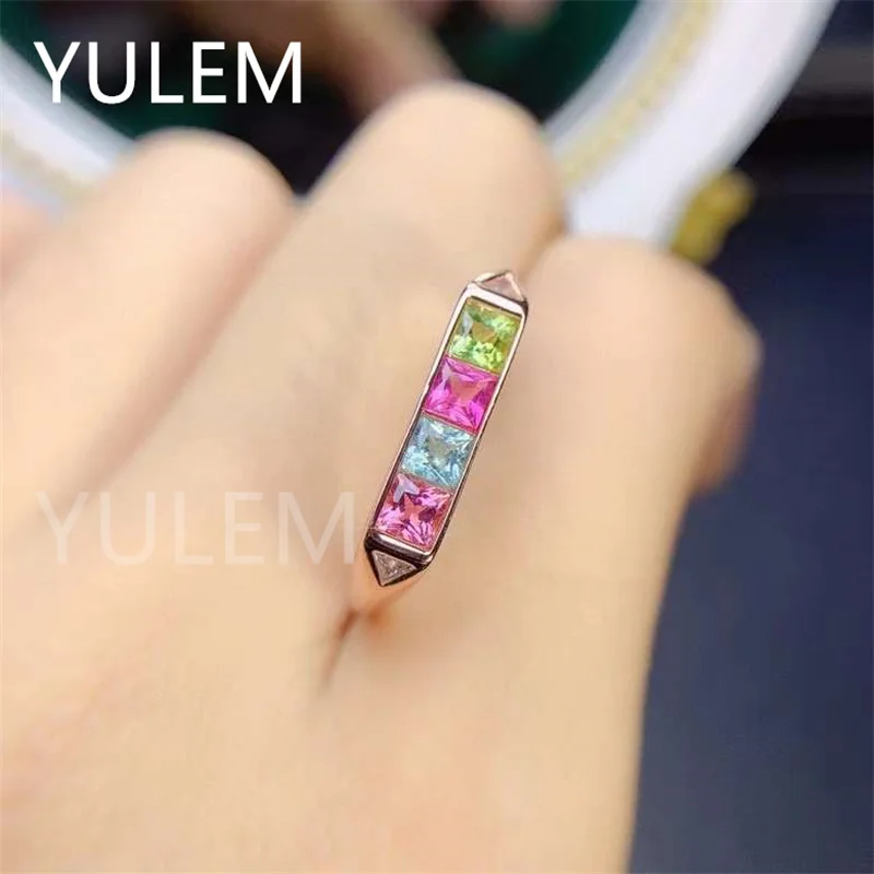 

Luxury Silver Band Ring for Party 3mm*3mm Multi-color Natural Tourmaline Ring 925 Silver Tourmaline Jewelry