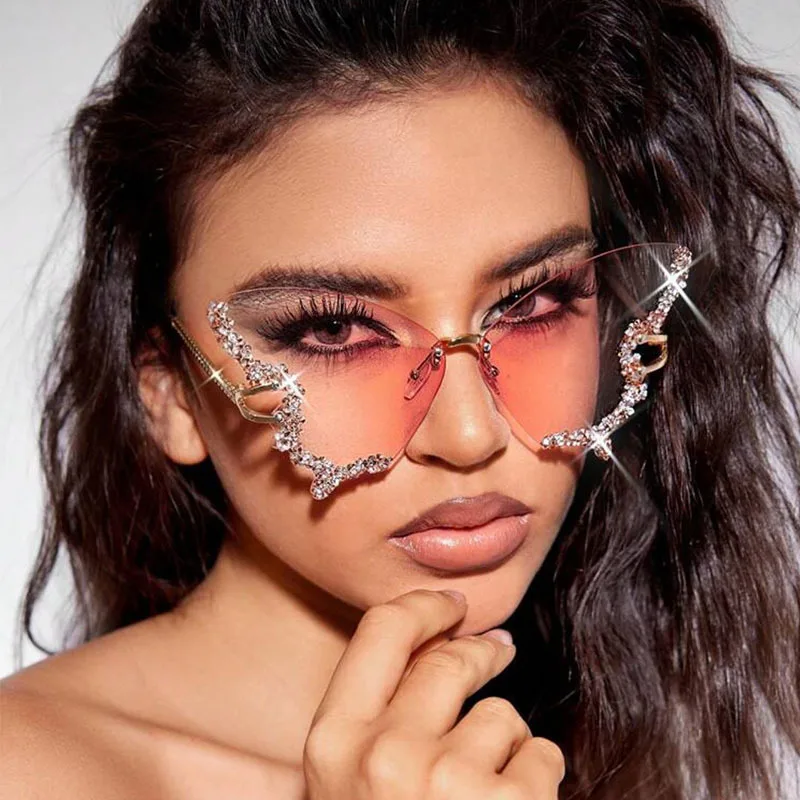 

2026 New Luxury Diamond Butterfly Sunglasses for Women Oversized Rimless Retro Personality Eyewear for Party Dance & Performance