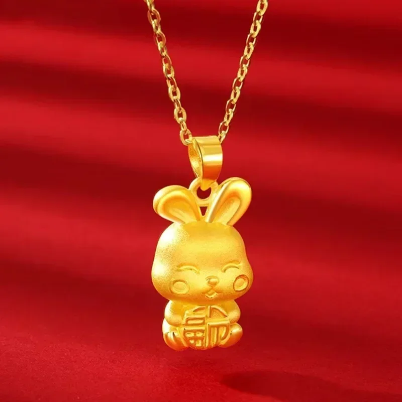 High-quality 24K gold lucky rabbit pendant 999 cute little rabbit necklace AU750 temperament clavicle chain womens jewelry gift