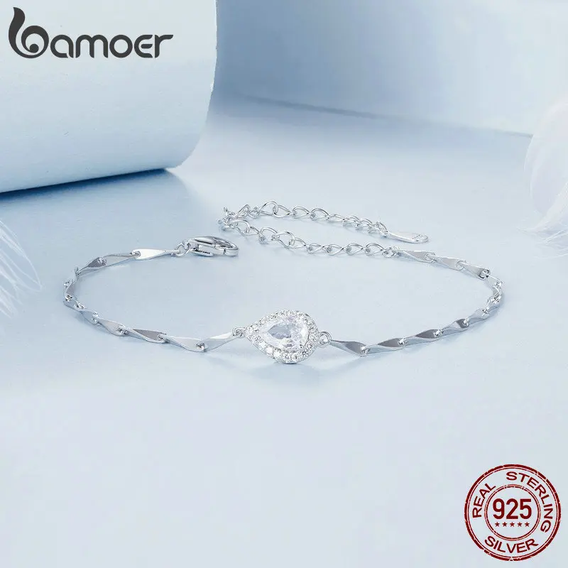 BAMOER 925 Sterling Silver Sparkling Droplet Bracelet luxury Adjustable Chain Link Gold Plated for Women Valentine's Day Gift