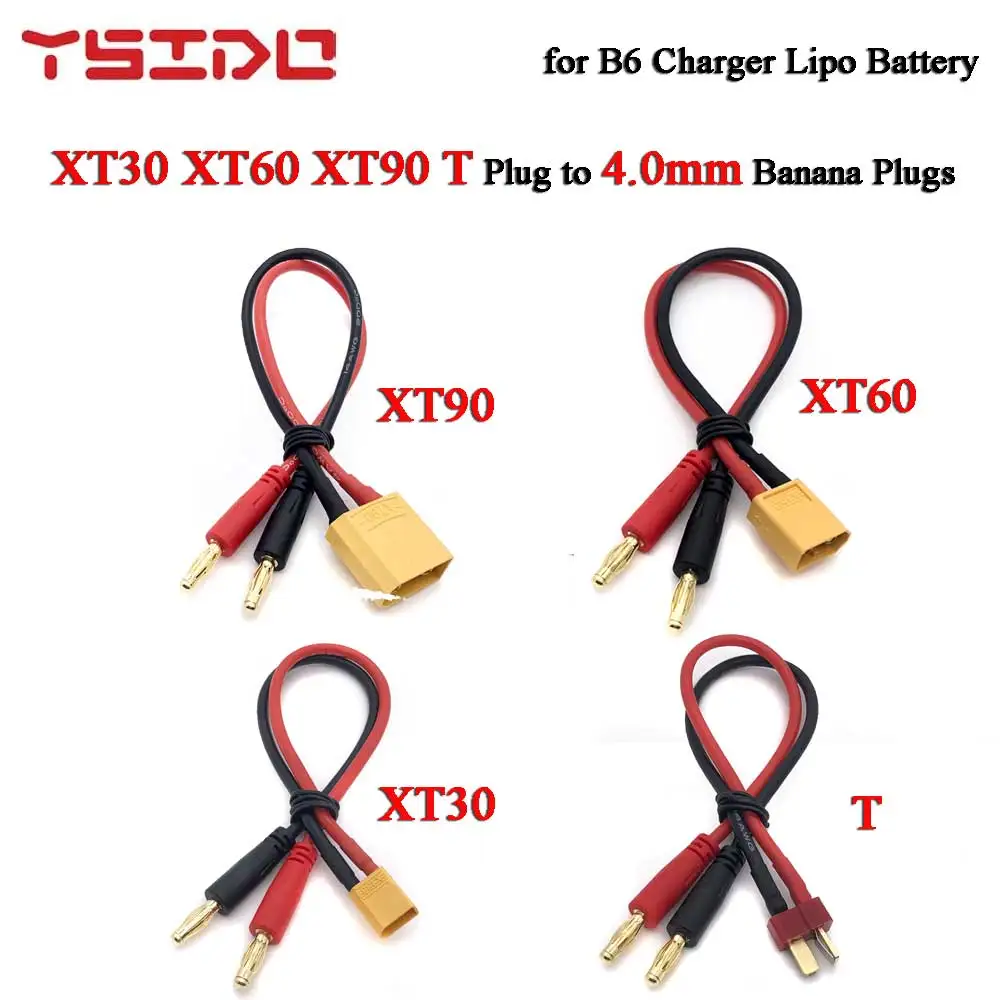 YSIDO 22CM XT30 XT60 XT90 T Plug Charge Lead to 4.0mm Banana Plugs Charge Cable Silicone Wire 14AWG For B6 Charger Lipo Battery