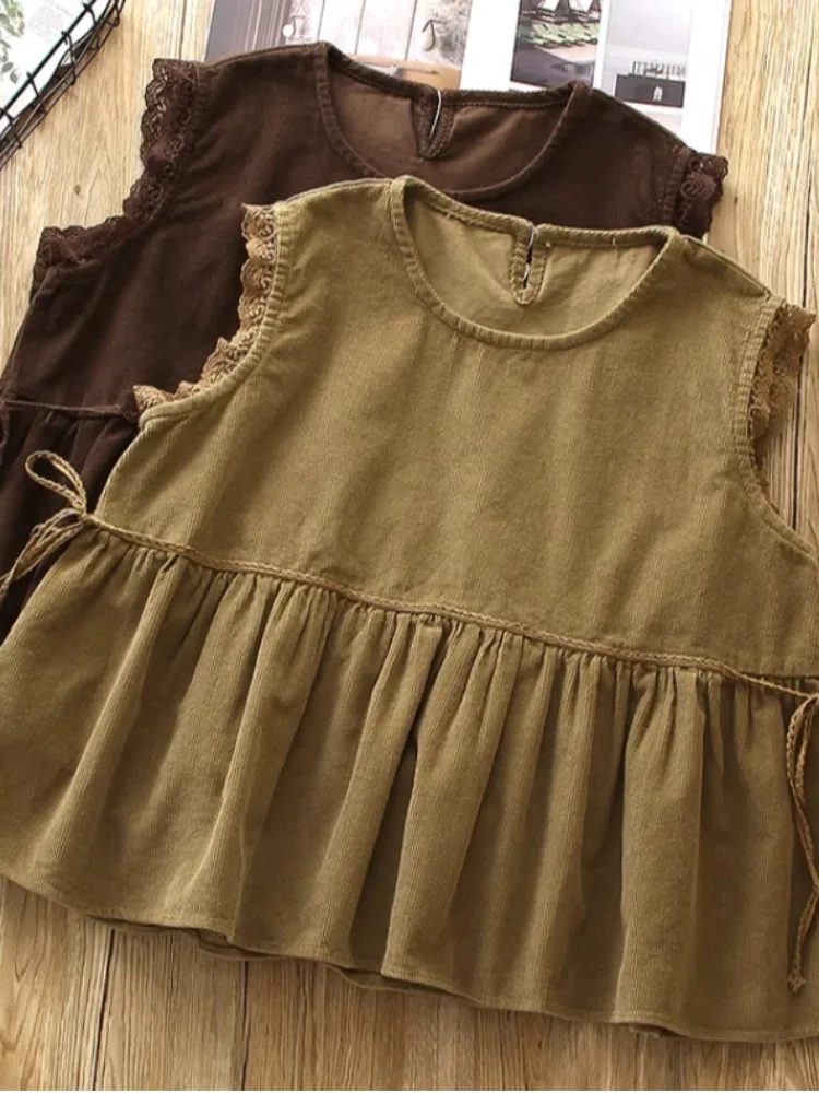 

Corduroy Vest Women's Spring Autumn Sle Agel Slim Fit Svel Doll irt Layering oulder Top Faionable round Ne