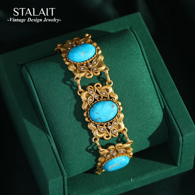 

Vintage Gold Color Natural Stone Oval Sea Blue Bracelets for Women Butterfly Antique Jewelry Accessories New 2025 Boho Friends