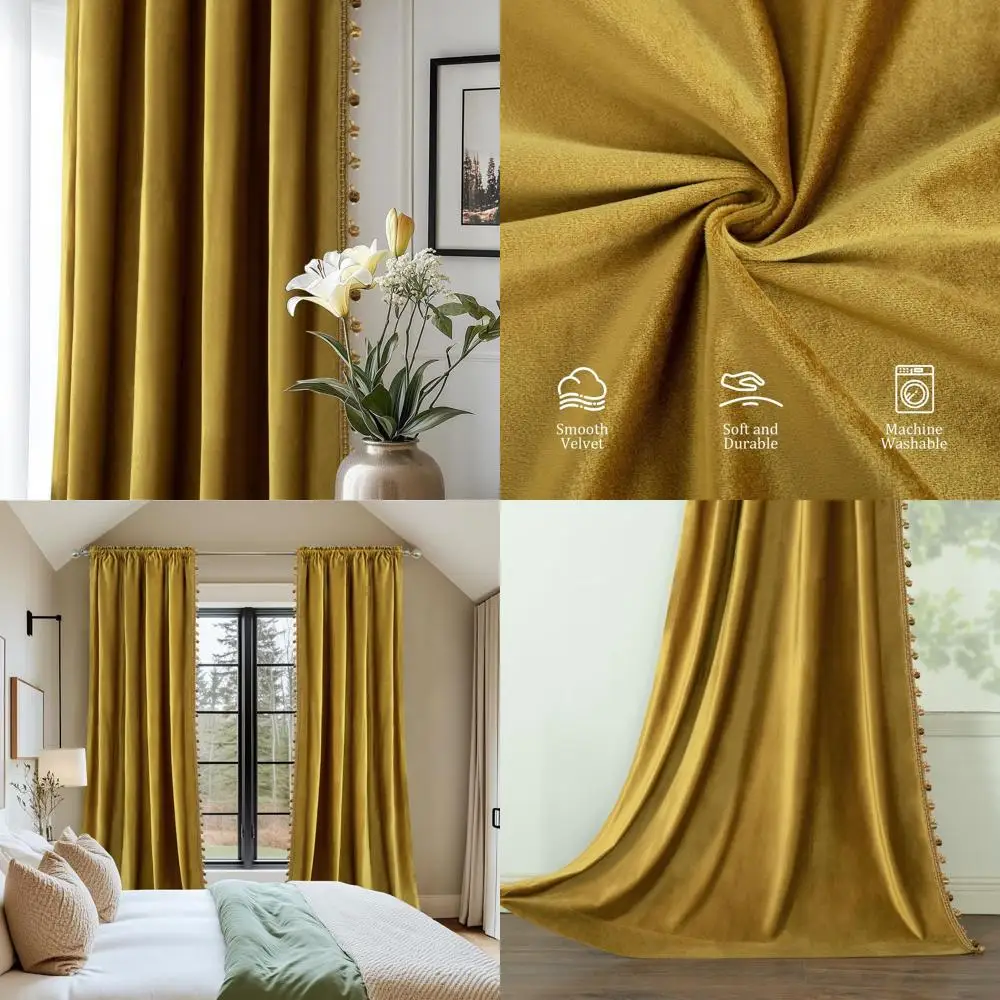 

Элегантные желтые бархатные шторы блэкаут - 52x84 дюйма, термоизоляционные, затемняющие, с бахромой, с карманом для карниза, комплект из 2 штук