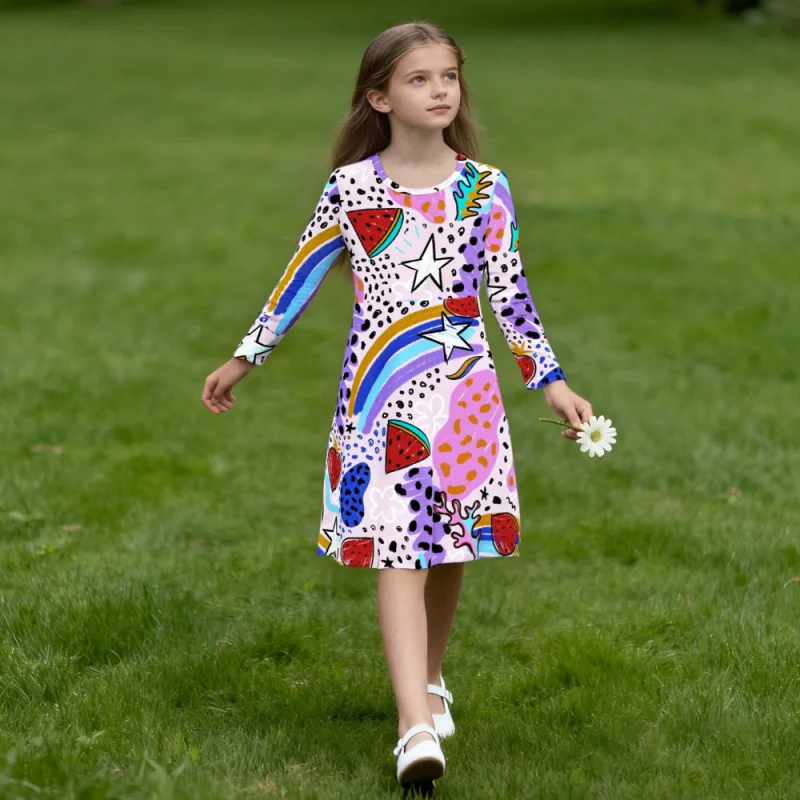 

Girls Long Sleeve Dress Rainbow Watermelon Pattern Childlike Fun Full Print Casual Fashion Eye-Catching Kids' Clothing